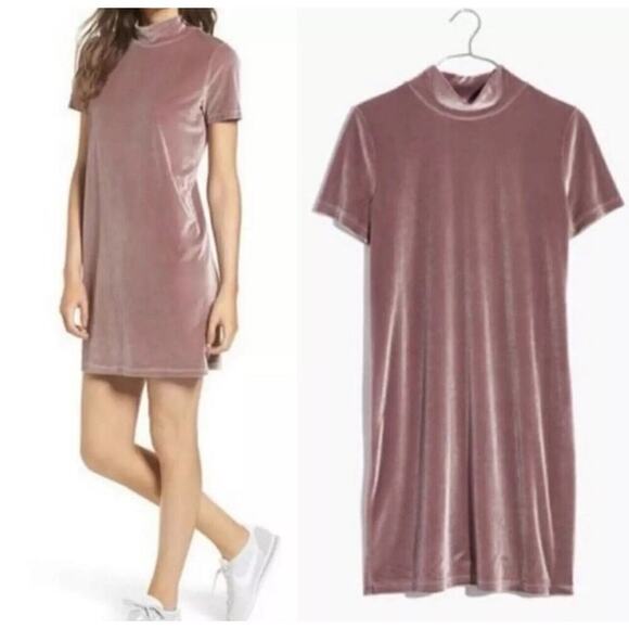 Madewell Velvet Mock Neck Shift Dress Womens Frosty Mauve Short Sleeve Size M - Picture 1 of 9